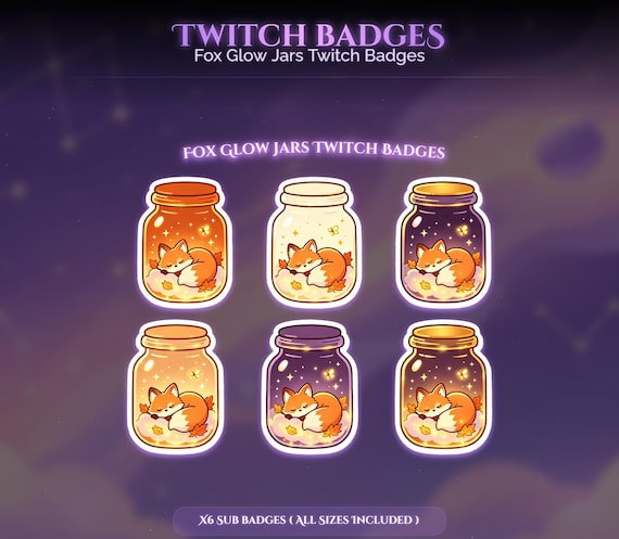 Fox Glow Jars Twitch Badges — animated fox stream overlay pack for Twitch, YouTube, Kick and TikTok, with Starting Soon, BRB and Ending screens, alerts and panels