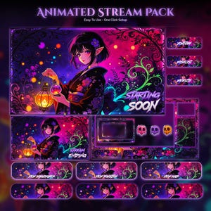 May include: An animated stream pack featuring a dark-haired elf character in a floral kimono holding a glowing lantern. The set includes overlays with text like STARTING SOON, STREAM ENDING, NEW SUBSCRIBER, NEW DONATION, NEW RAID, YOUTUBE, WISHLIST, and WEBSITE.