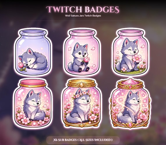 Sakura Wolf Jars Twitch Badges — animated sakura and Japanese stream overlay pack for Twitch, YouTube, Kick and TikTok, with Starting Soon, BRB and Ending screens, alerts and panels