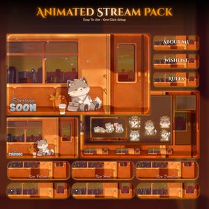 Peut inclure: Pack de stream animé aux tons chauds, avec un personnage de loup de dessin animé dans un train. Le texte comprend "Starting Soon" et "Ending". Panneaux "About Me", "Wishlist" et "Rules". Facile à utiliser.