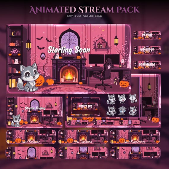 Spooky Animated Halloween Wolf Room Twitch Full Stream Pack — animated seasonal stream overlay pack for Twitch, YouTube, Kick and TikTok, with Starting Soon, BRB and Ending screens, alerts and panels