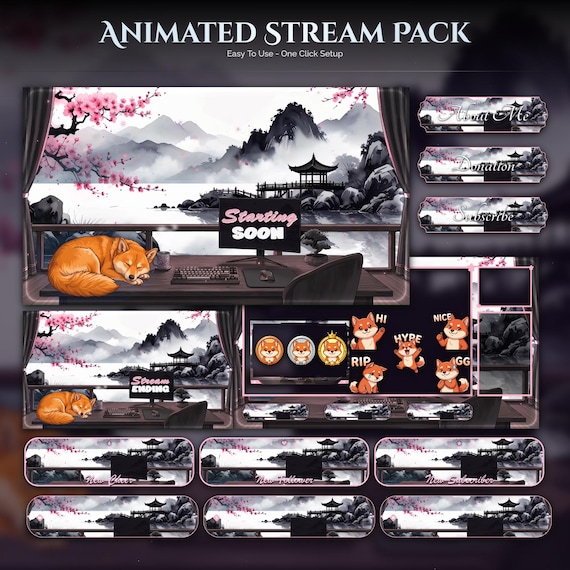 Akita Inu Dog Overlay Animated Stream Package — animated sakura and Japanese stream overlay pack for Twitch, YouTube, Kick and TikTok, with Starting Soon, BRB and Ending screens, alerts and panels