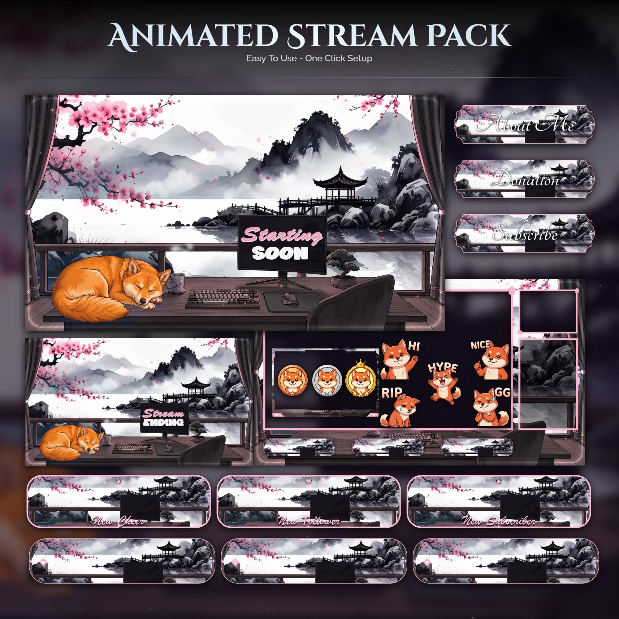 Akita Inu Dog Overlay Animated Stream Package: Twitch, YouTube, Kick — animated sakura and Japanese stream overlay pack for Twitch, YouTube, Kick and TikTok, with Starting Soon, BRB and Ending screens, alerts and panels