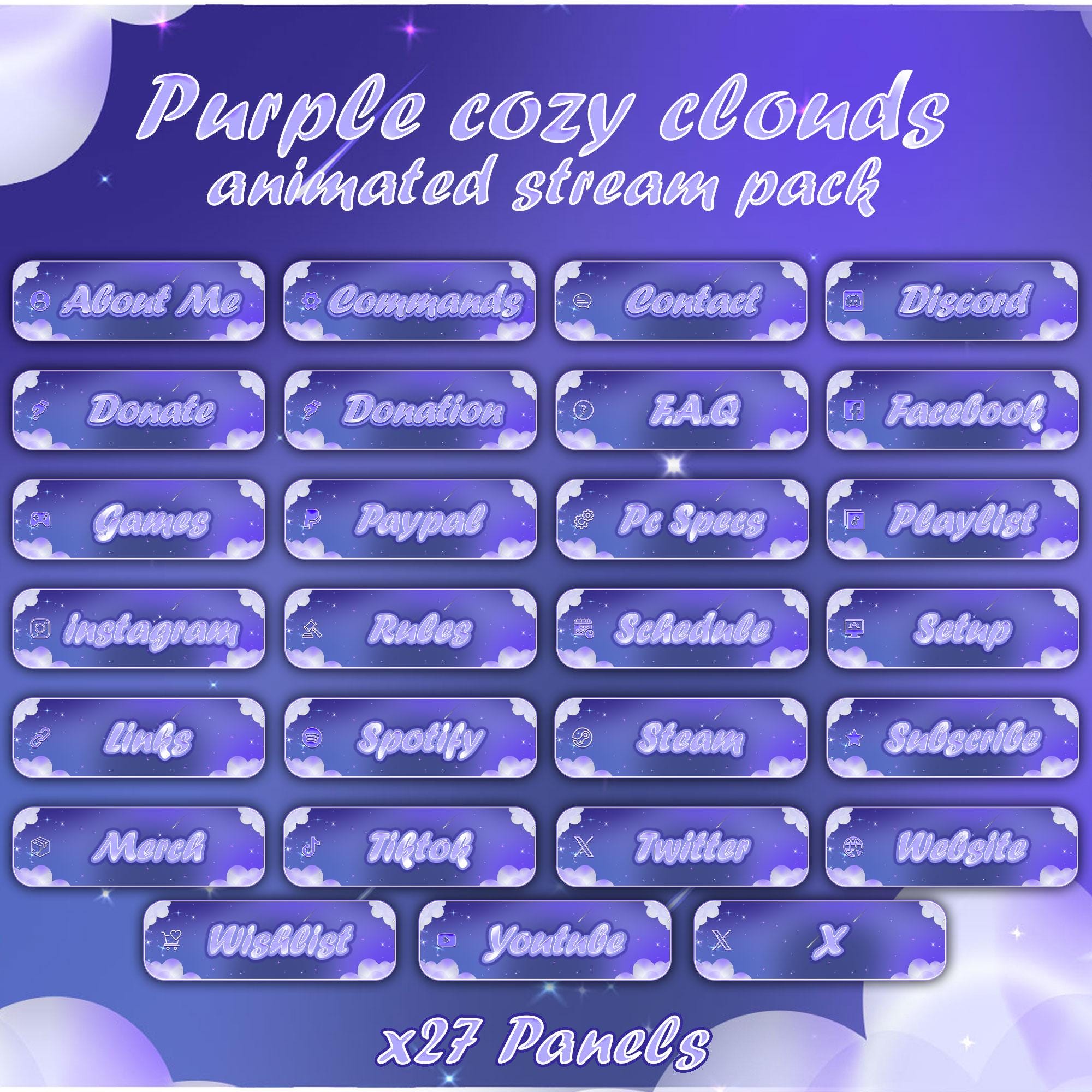 Purple Clouds Animated Stream Package: Twitch Overlay, Kick, Facecam, Panels, Alerts, Stream Overlays — preview photo 3