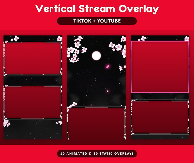 Pode incluir: Design de sobreposi&ccedil;&atilde;o de fluxo vertical com um esquema de cores vermelho e preto. O design inclui detalhes de flores de cerejeira e o texto "TIKTOK + YOUTUBE". A imagem tamb&eacute;m indica "10 ANIMATED & 10 STATIC OVERLAYS".