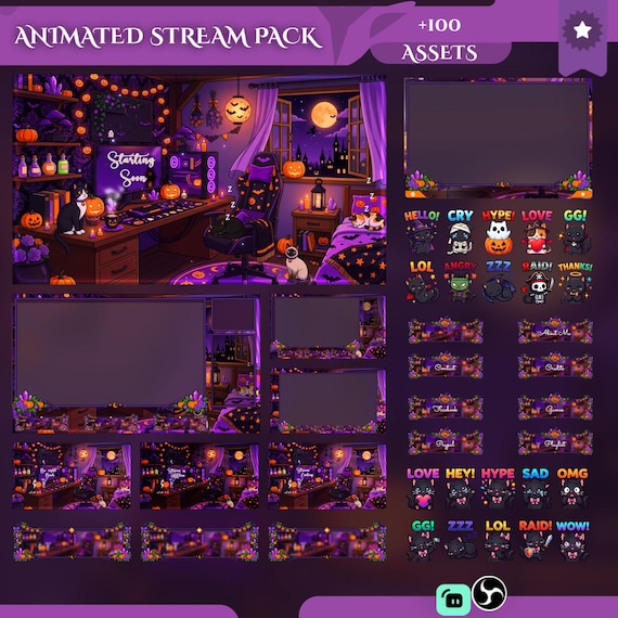 Halloween Cat Overlay Animated Stream Pack - animated cat stream overlay pack for Twitch, YouTube, Kick and TikTok, with Starting Soon, BRB and Ending screens, alerts and panels