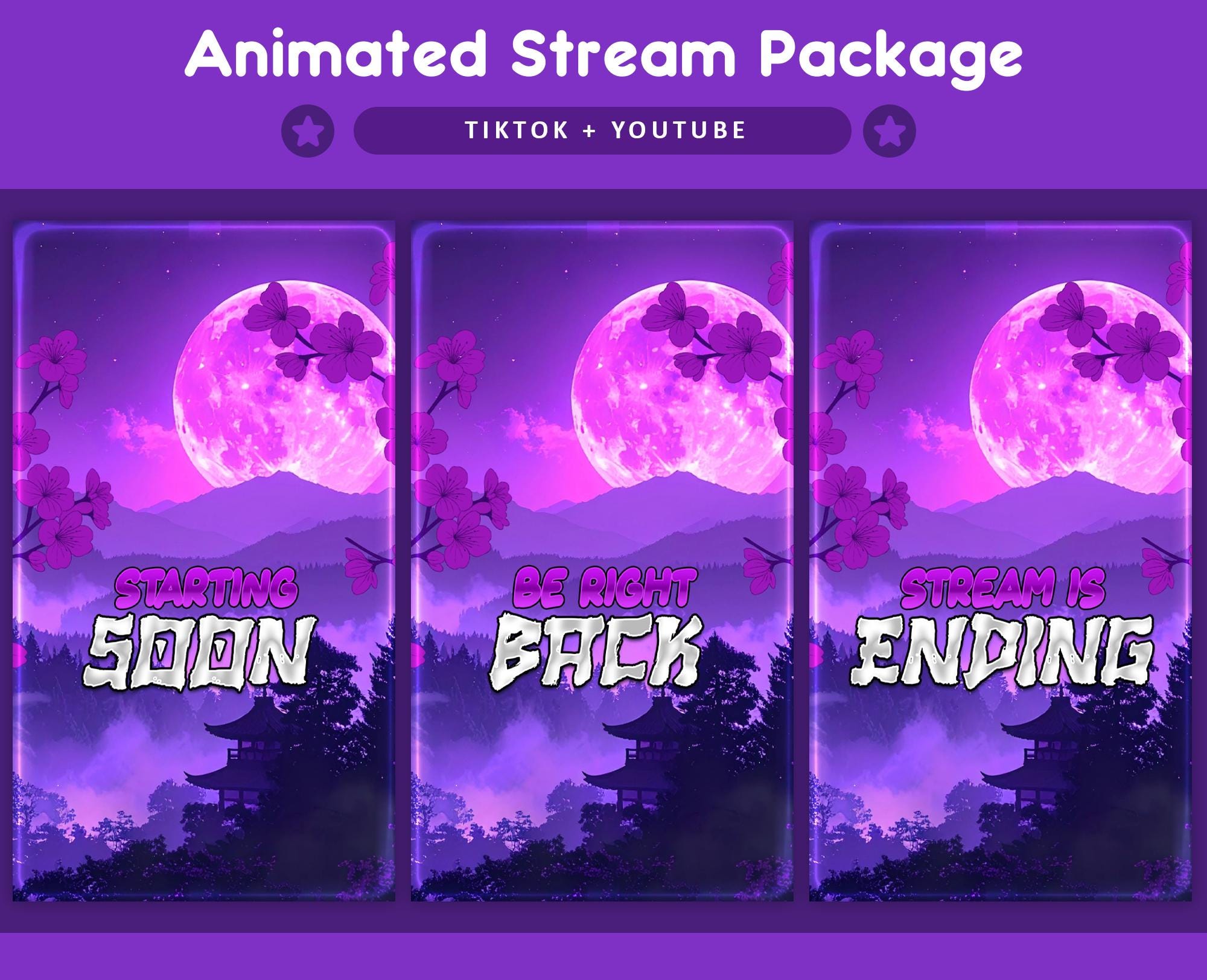 Purple Moon Sakura Animated TikTok Stream Overlay Package, TikTok Overlays (Digital Download)