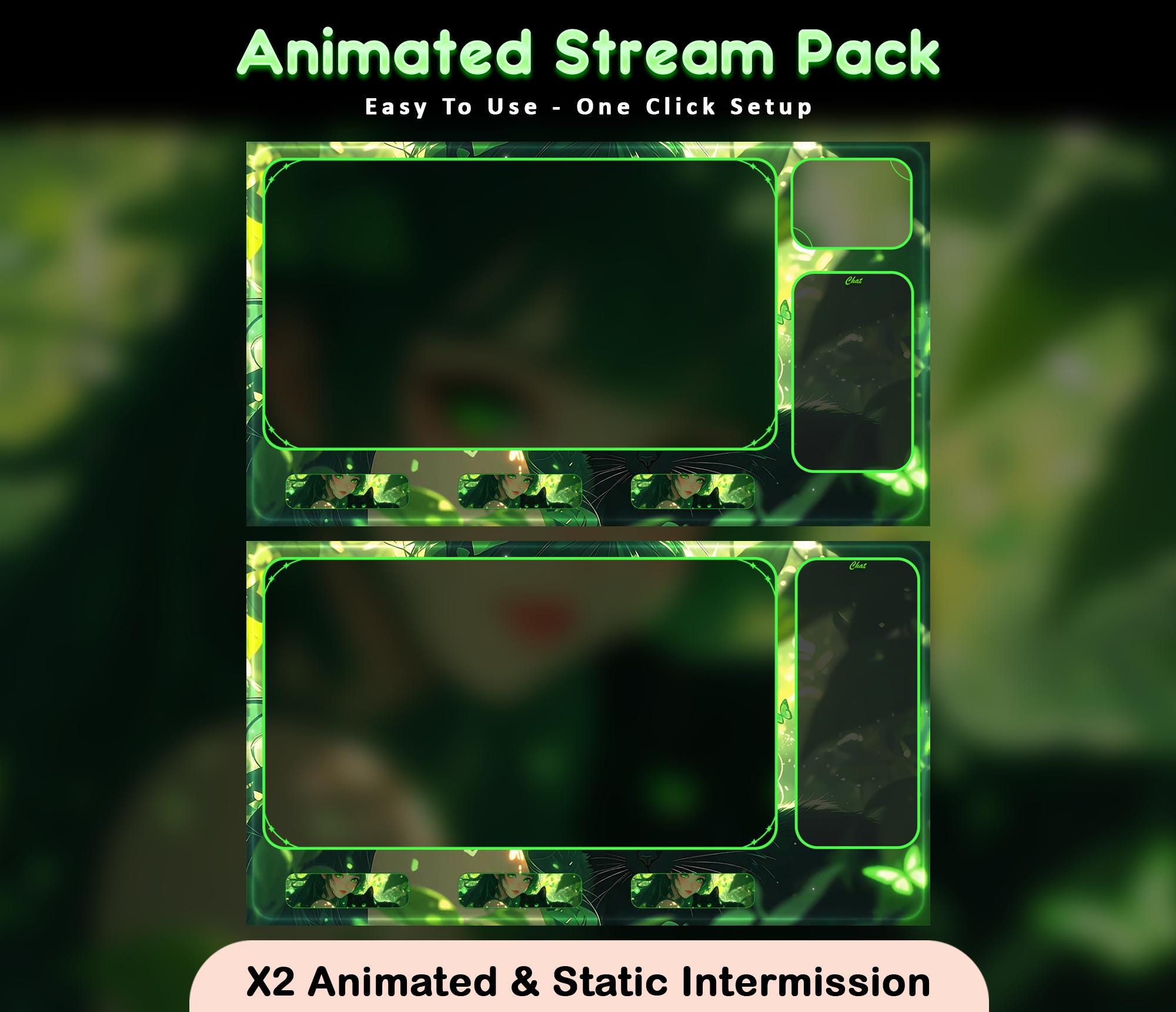 Green Anime Girl Black Cat Animated Stream Package: Twitch Overlay, YouTube, Kick — preview photo 3