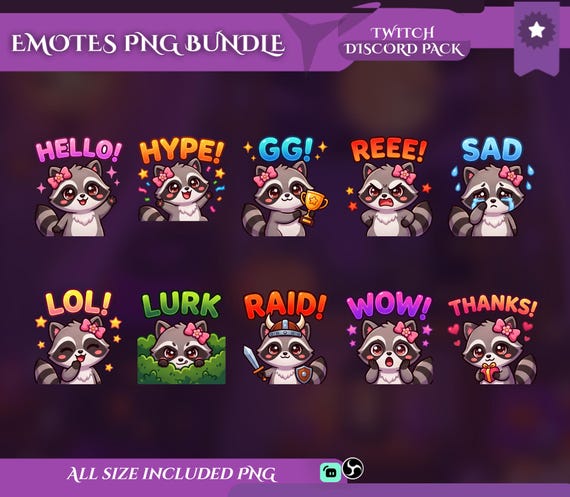 10 Cute Raccoon Twitch Emotes - animated raccoon Twitch emotes set for Twitch, YouTube, Kick and TikTok, with Twitch emotes in every required size
