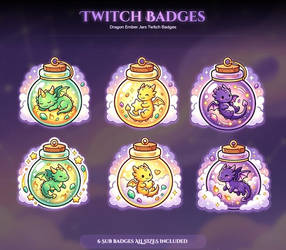 Dragon Ember Jars Twitch Badges — animated dragon stream overlay pack for Twitch, YouTube, Kick and TikTok, with Starting Soon, BRB and Ending screens, alerts and panels