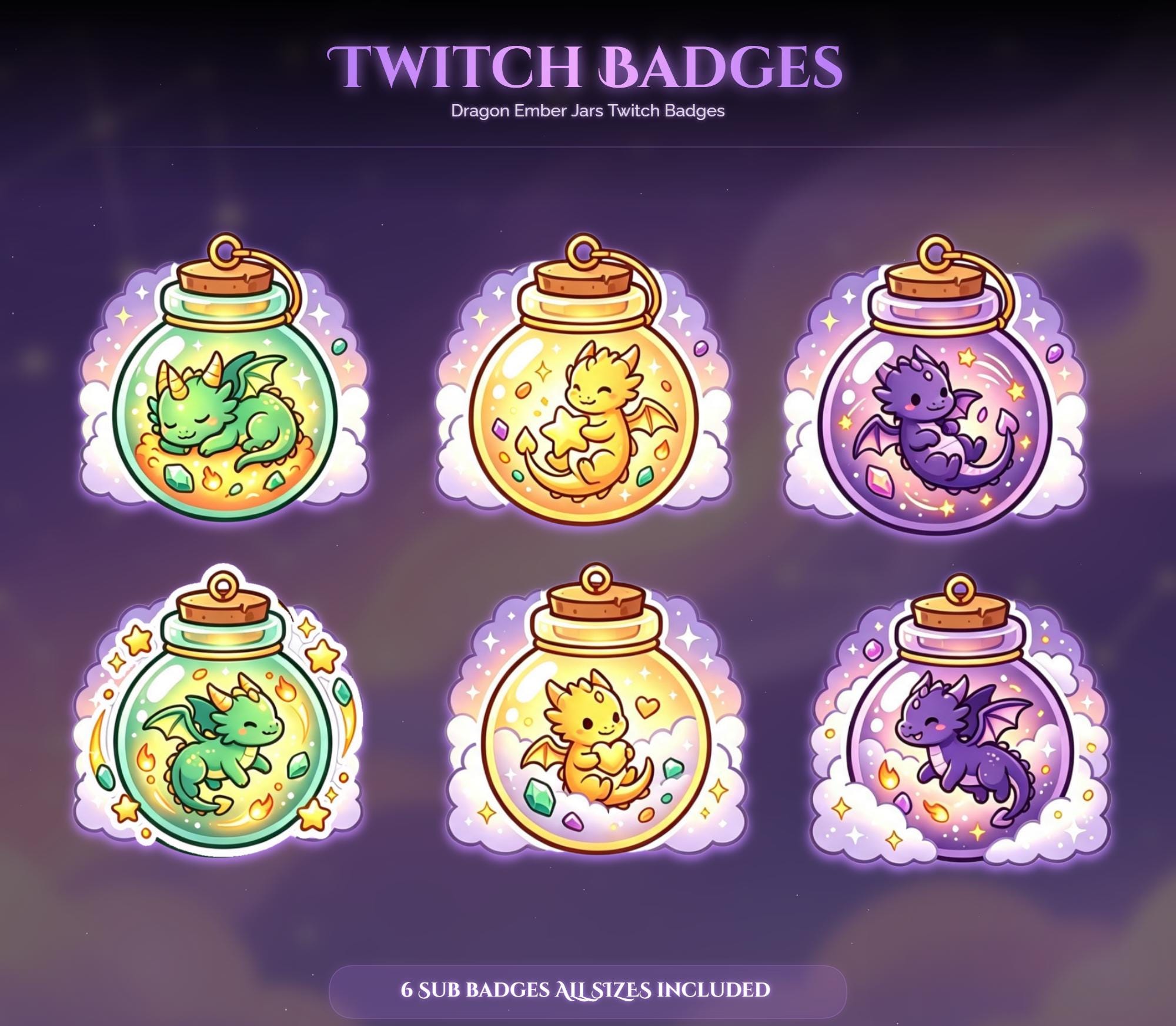 Dragon Ember Jars Twitch Badges — animated dragon stream overlay pack for Twitch, YouTube, Kick and TikTok, with Starting Soon, BRB and Ending screens, alerts and panels