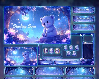 Starry Forest Bear Overlay Animated Stream Package: Twitch Overlay, YouTube, Kick | Panda Overlays