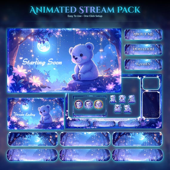 Starry Forest Bear Overlay Animated Stream Package — Panda — animated bear and panda stream overlay pack for Twitch, YouTube, Kick and TikTok, with Starting Soon, BRB and Ending screens, alerts and panels