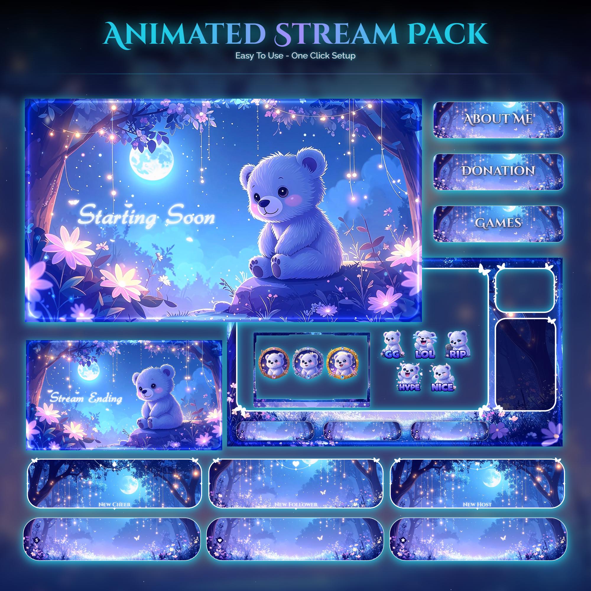Starry Forest Bear Overlay Animated Stream Package: Twitch Overlay, YouTube, Kick