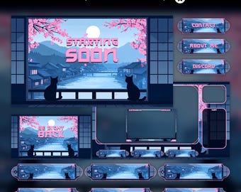 Sakura Cat Animated Stream Package: Twitch Overlay, YouTube, Kick (Digital Download)