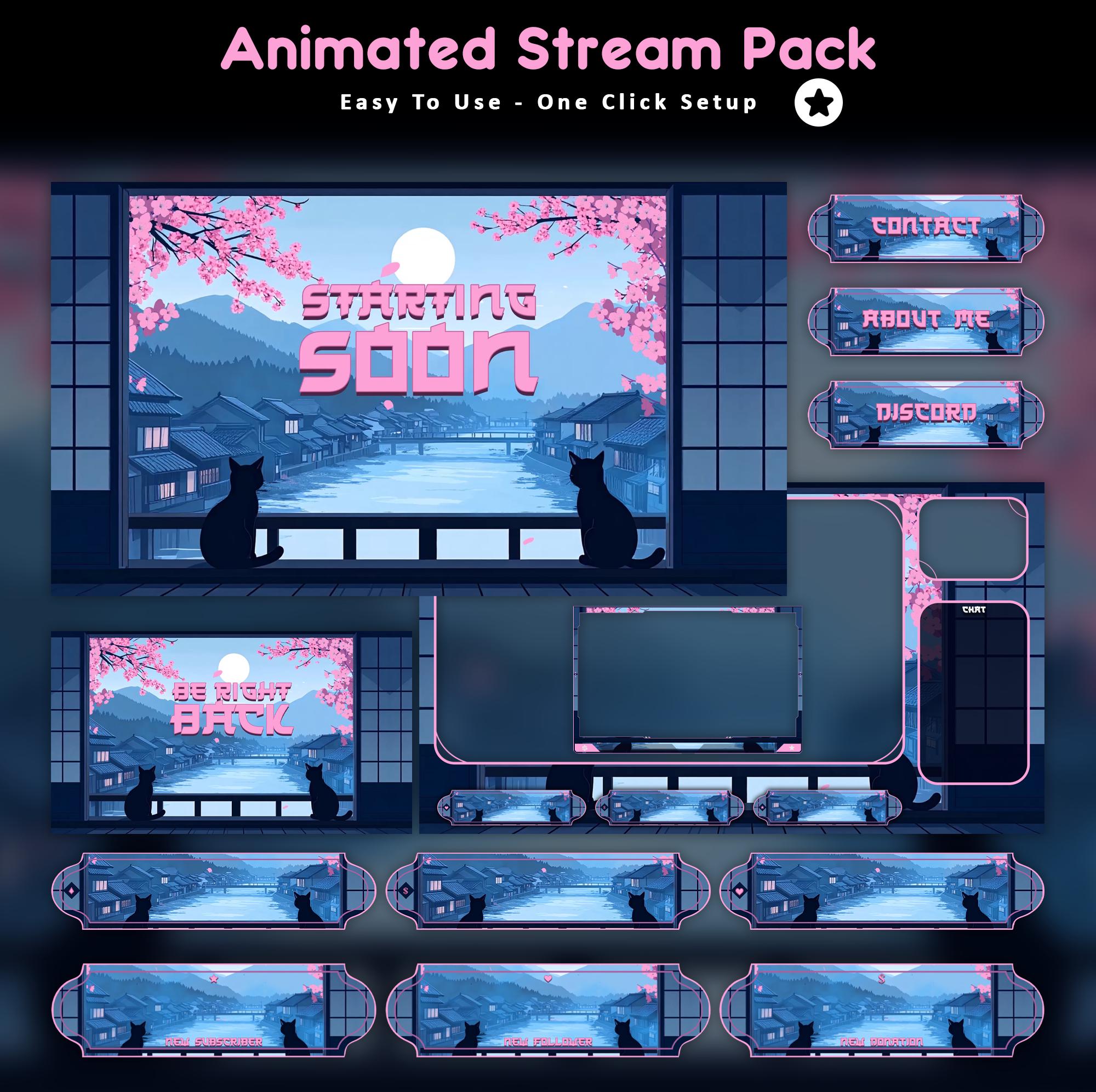 Sakura Cat Animated Stream Package: Twitch Overlay, YouTube, Kick (Digital Download)