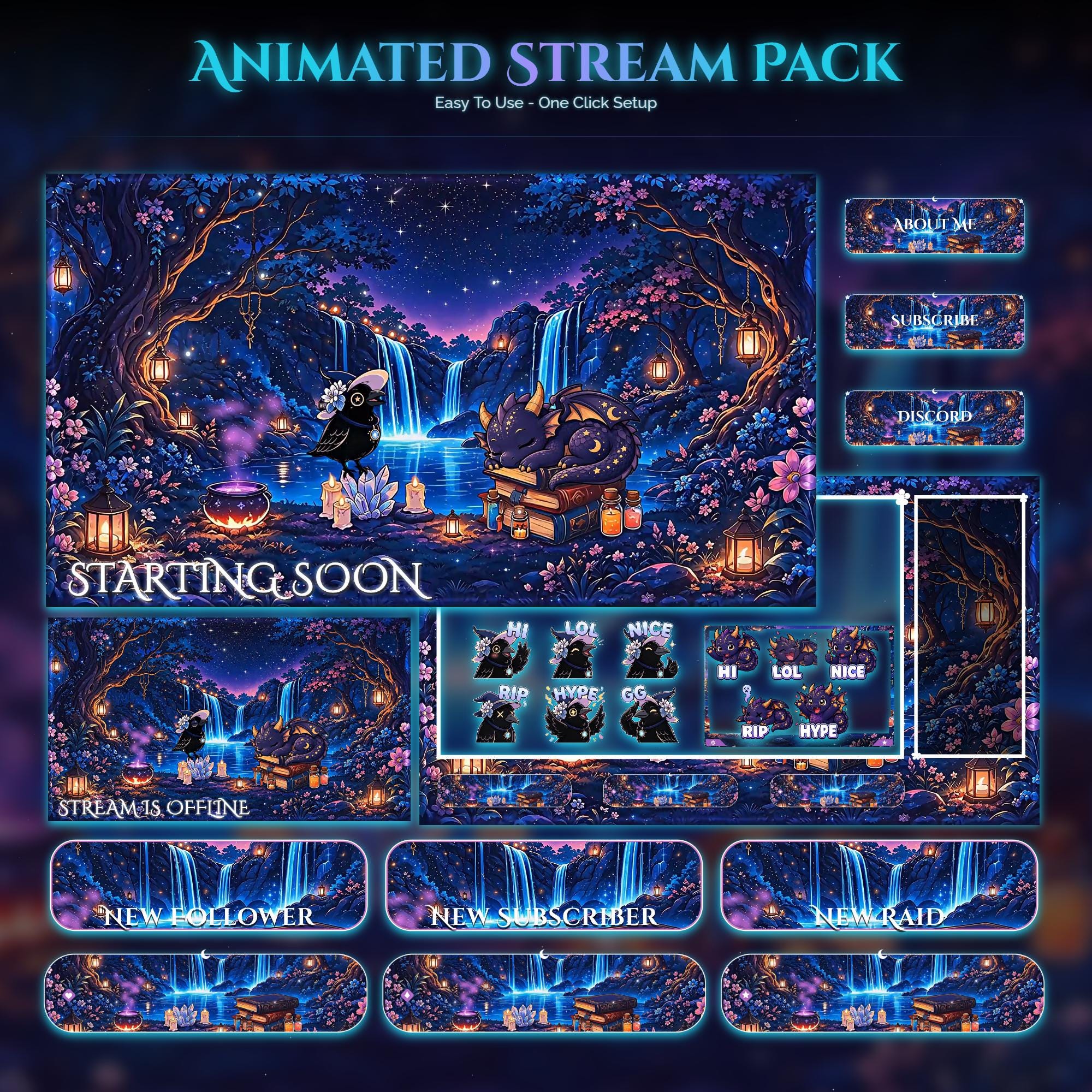 Spooky Raven Dragon Animated Stream Overlay Pack: Forest Magic Theme (Digital Download) — animated witchy and gothic stream overlay pack for Twitch, YouTube, Kick and TikTok, with Starting Soon, BRB and Ending screens, alerts and panels