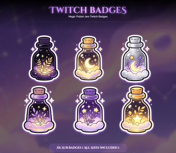 Magic Potion Jars Twitch Badges — animated witchy and gothic stream overlay pack for Twitch, YouTube, Kick and TikTok, with Starting Soon, BRB and Ending screens, alerts and panels