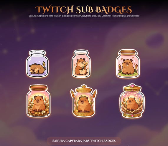 Sakura Capybara Jars Twitch Badges — animated sakura and Japanese stream overlay pack for Twitch, YouTube, Kick and TikTok, with Starting Soon, BRB and Ending screens, alerts and panels