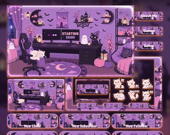 Animated Halloween Twitch Overlay Pack | Purple Gothic Cat Stream Package (Digital Download)