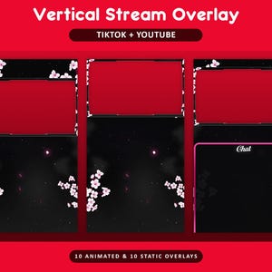 Pode incluir: Design de sobreposi&ccedil;&atilde;o de fluxo vertical para TikTok e YouTube. O design apresenta uma parte superior vermelha e um fundo preto com flores de cerejeira brancas. A palavra "Chat" &eacute; vis&iacute;vel em uma das sobreposi&ccedil;&otilde;es. O texto "10 Animated & 10 Static Overlays" tamb&eacute;m &eacute; vis&iacute;vel.