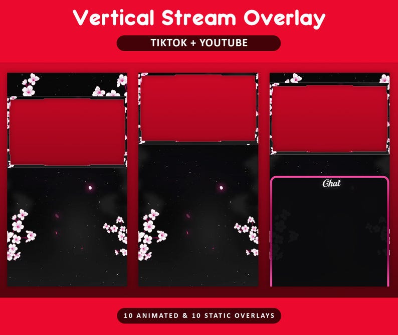 Pode incluir: Design de sobreposi&ccedil;&atilde;o de fluxo vertical para TikTok e YouTube. O design apresenta uma parte superior vermelha e um fundo preto com flores de cerejeira brancas. A palavra "Chat" &eacute; vis&iacute;vel em uma das sobreposi&ccedil;&otilde;es. O texto "10 Animated & 10 Static Overlays" tamb&eacute;m &eacute; vis&iacute;vel.
