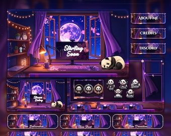 Panda Sakura Moon Setup Animated Stream Pack | Twitch Overlay | YouTube, Kick | Purple Room Overlays