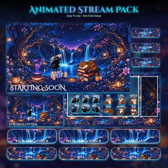Animated Stream Pack — Raven — animated witchy and gothic stream overlay pack for Twitch, YouTube, Kick and TikTok, with Starting Soon, BRB and Ending screens, alerts and panels