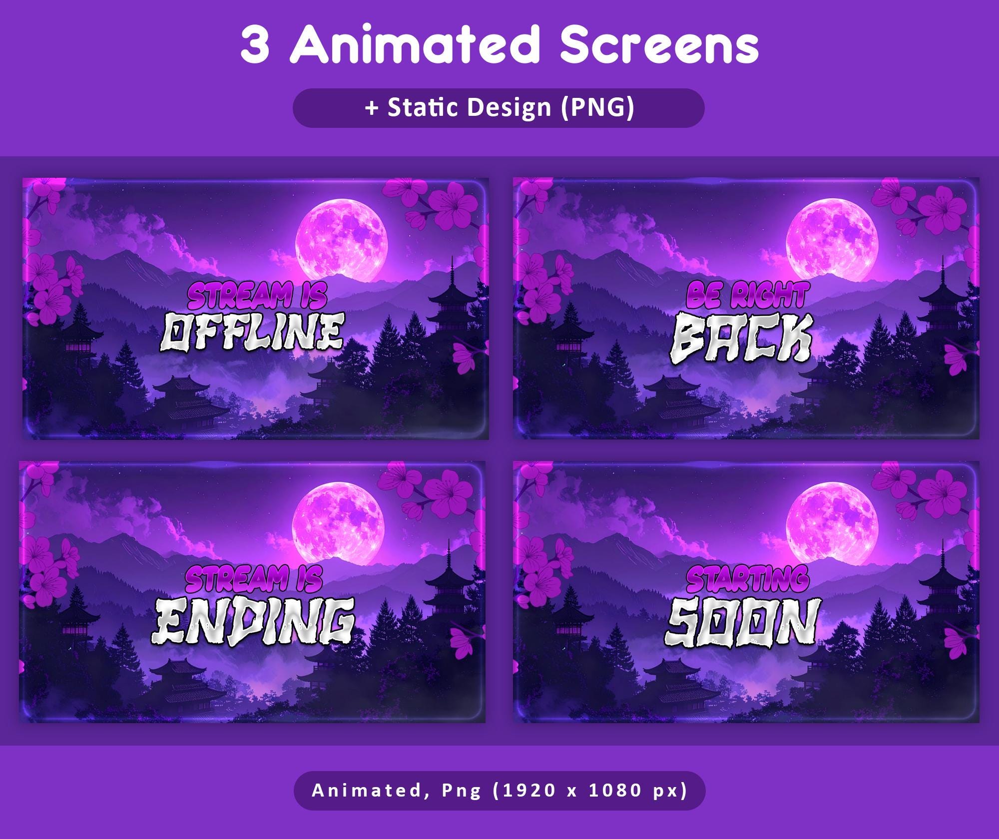 Purple Moon Sakura Animated Stream Package: Twitch Overlay, YouTube, Kick — preview photo 2