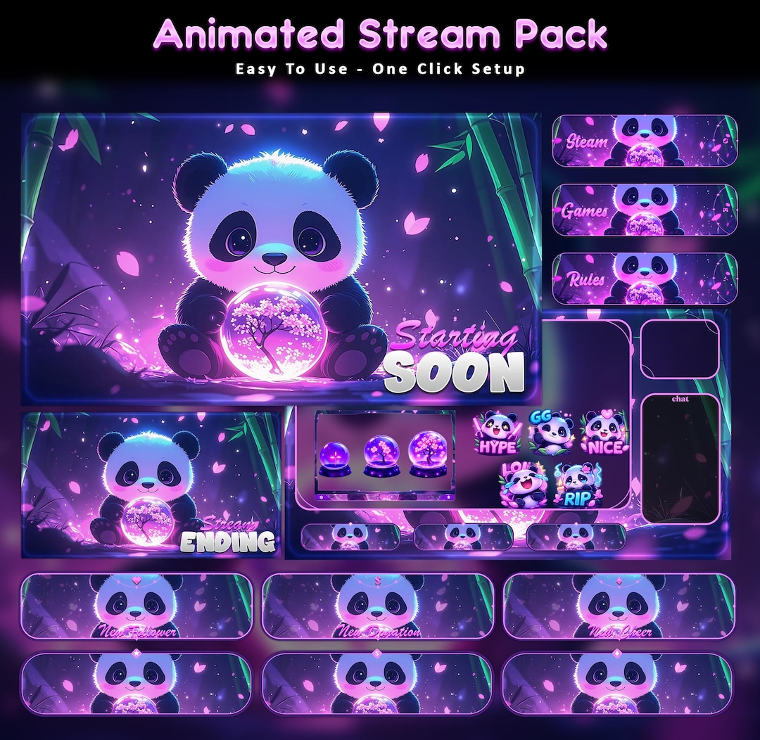 Animated Panda Sakura Stream Overlay Package | Cozy Neon Magic Vtuber ...