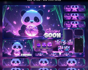 Animated Panda Sakura Stream Overlay Package | Cozy Neon Magic VTuber Graphics | Twitch, YouTube, Kick