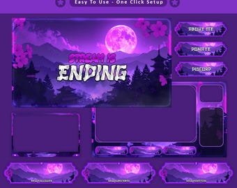Purple Moon Sakura Animated Stream Package: Twitch Overlay, YouTube, Kick | Japanese Overlays