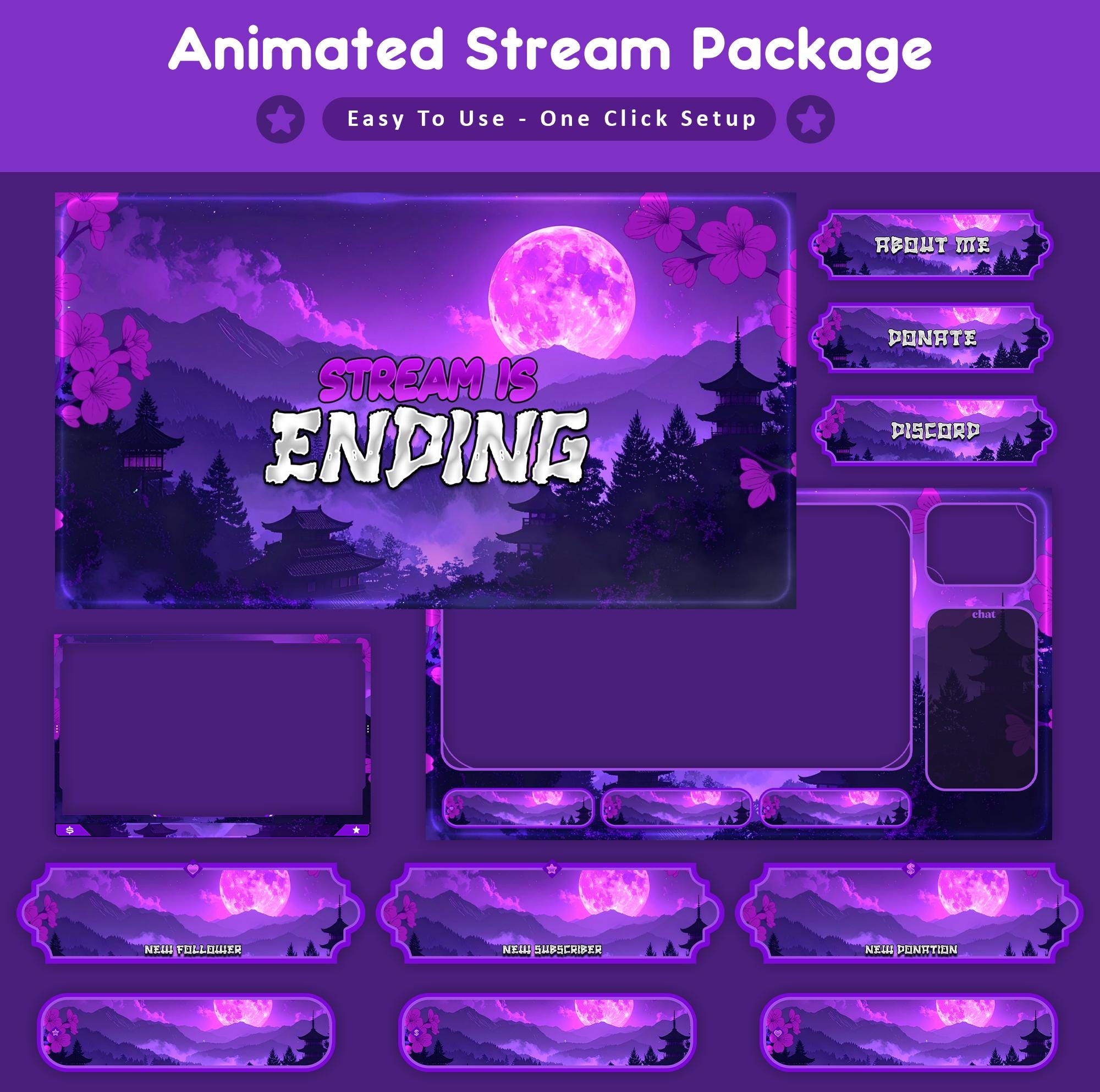 Purple Moon Sakura Animated Stream Package: Twitch Overlay, YouTube, Kick