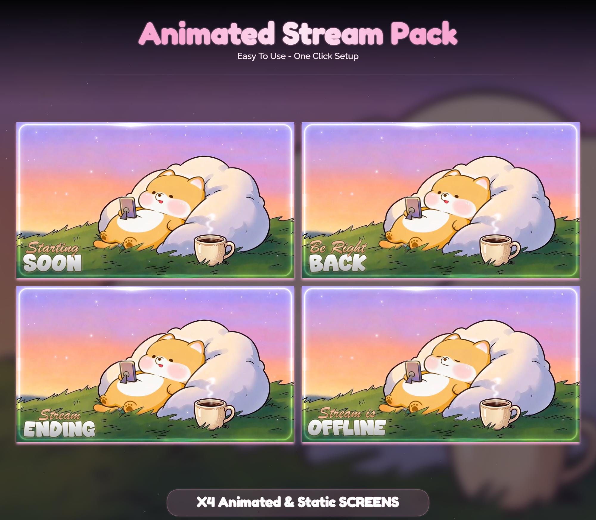 Lofi Sunset Dog Shiba Overlay Animated Stream Package: Cozy — preview photo 2