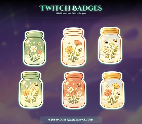 Wildflower Jars Twitch Badges — animated frog and woodland animal stream overlay pack for Twitch, YouTube, Kick and TikTok, with Starting Soon, BRB and Ending screens, alerts and panels