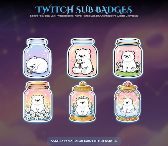 Sakura Polar Bear Jars Twitch Badges — animated bear and panda stream overlay pack for Twitch, YouTube, Kick and TikTok, with Starting Soon, BRB and Ending screens, alerts and panels
