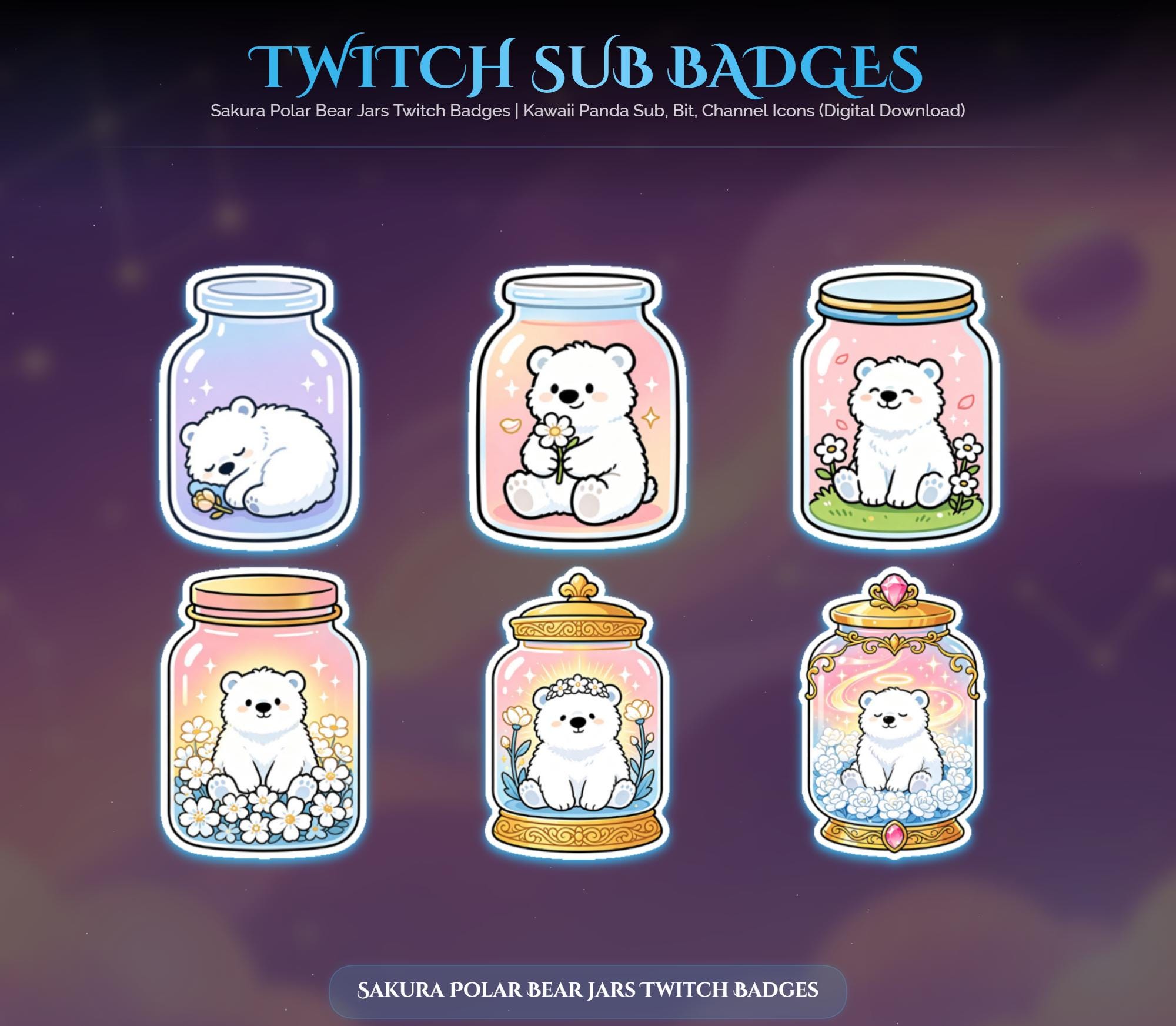 Sakura Polar Bear Jars Twitch Badges — animated bear and panda stream overlay pack for Twitch, YouTube, Kick and TikTok, with Starting Soon, BRB and Ending screens, alerts and panels