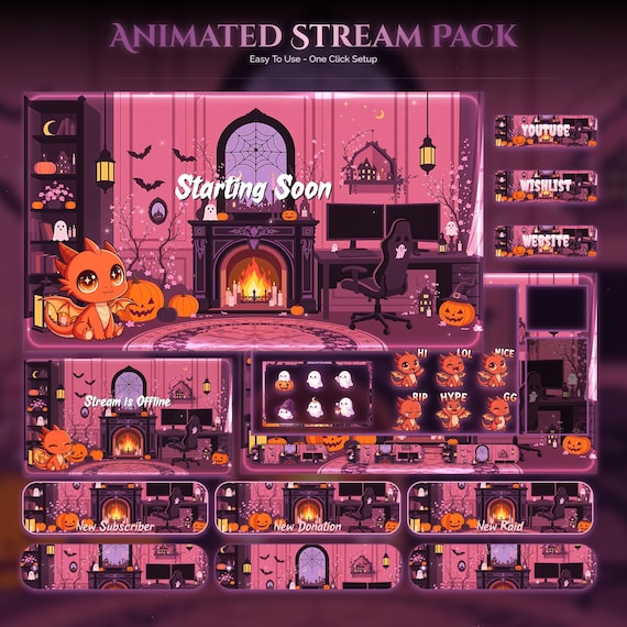 Spooky Animated Halloween Dragon Room Twitch Full Stream Pack — animated seasonal stream overlay pack for Twitch, YouTube, Kick and TikTok, with Starting Soon, BRB and Ending screens, alerts and panels
