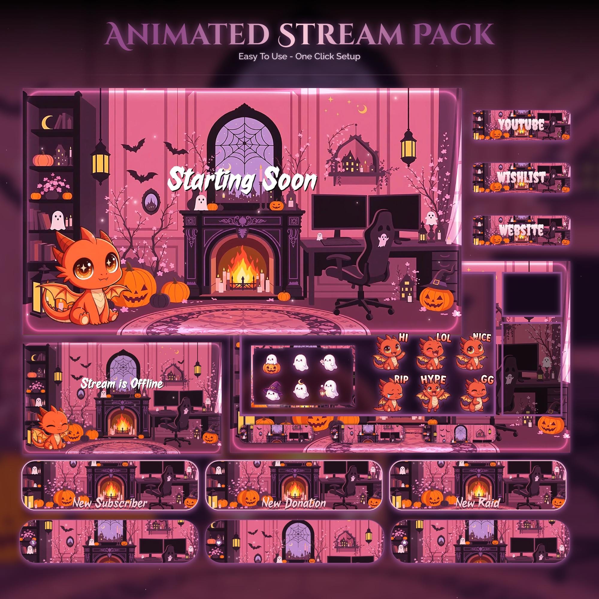 Spooky Animated Halloween Dragon Room Twitch Full Stream Pack — animated seasonal stream overlay pack for Twitch, YouTube, Kick and TikTok, with Starting Soon, BRB and Ending screens, alerts and panels