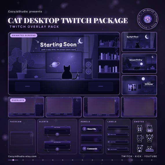 Black Cat Animated Twitch Overlay Package - animated cat stream overlay pack for Twitch, YouTube, Kick and TikTok, with Starting Soon, BRB and Ending screens, alerts and panels