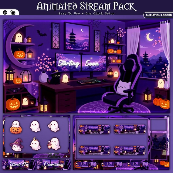 Animated Halloween Twitch Overlay Pack — animated seasonal stream overlay pack for Twitch, YouTube, Kick and TikTok, with Starting Soon, BRB and Ending screens, alerts and panels