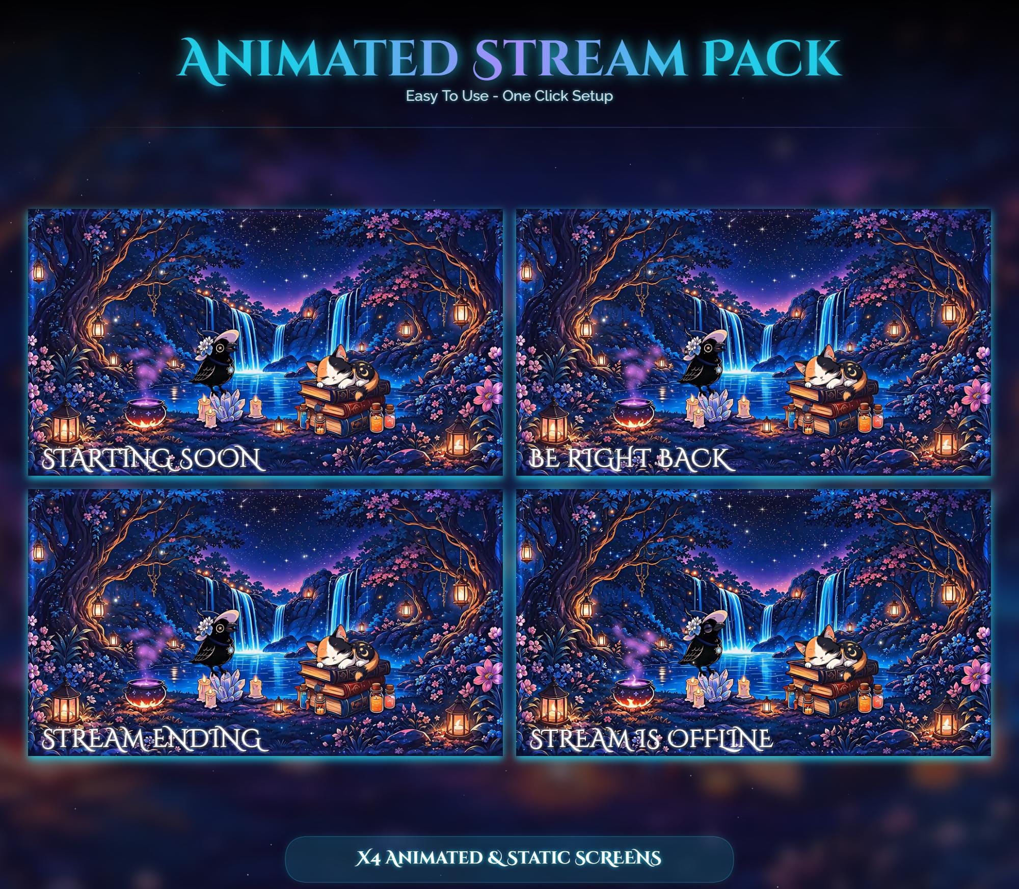 Animated Stream Pack: Raven Cat Forest Night Overlay (Digital Download) — preview photo 2