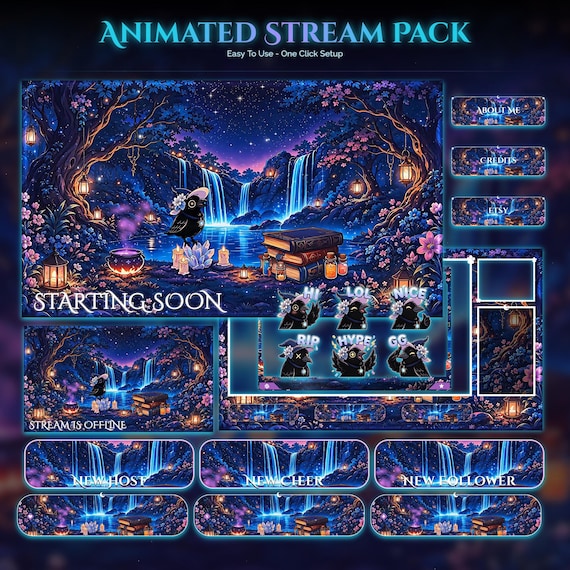 Spooky Raven Twitch Animated Stream Package — animated witchy and gothic stream overlay pack for Twitch, YouTube, Kick and TikTok, with Starting Soon, BRB and Ending screens, alerts and panels