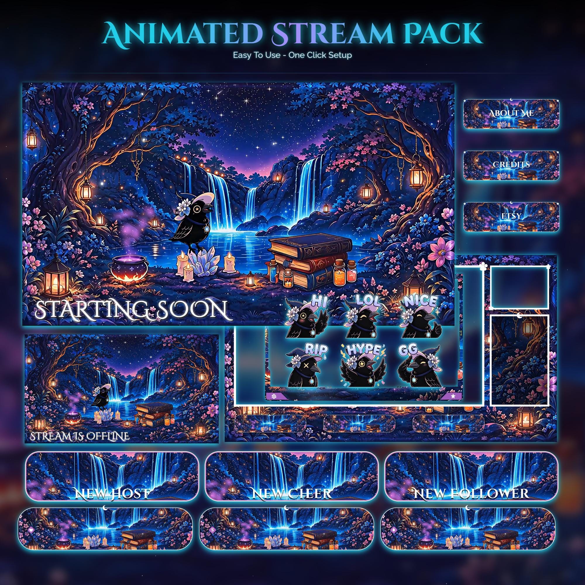 Spooky Raven Twitch Animated Stream Package: Magic Overlay, YouTube, Kick — animated witchy and gothic stream overlay pack for Twitch, YouTube, Kick and TikTok, with Starting Soon, BRB and Ending screens, alerts and panels