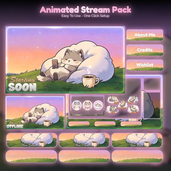 Lofi Sunset Wolf Overlay Animated Stream Package — animated sakura and Japanese stream overlay pack for Twitch, YouTube, Kick and TikTok, with Starting Soon, BRB and Ending screens, alerts and panels
