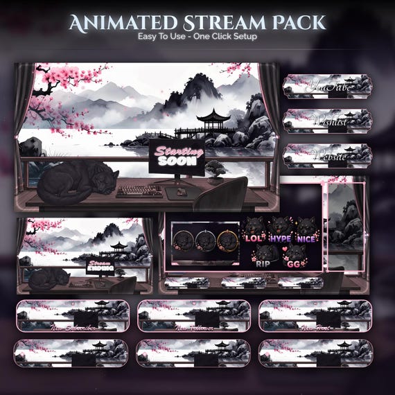 Wolf Overlay Animated Stream Package — animated sakura and Japanese stream overlay pack for Twitch, YouTube, Kick and TikTok, with Starting Soon, BRB and Ending screens, alerts and panels