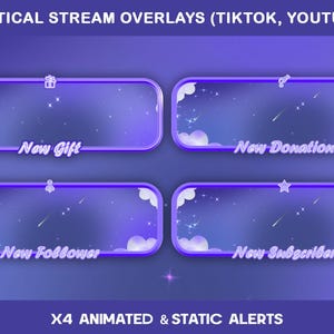 May include: Vertical stream overlays for TikTok and YouTube. The design features four animated and static alerts with a purple and blue color scheme. Each overlay has a unique label: New Gift, New Donation, New Follower, and New Subscriber.