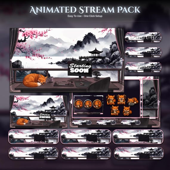Fox Overlay Animated Stream Package — animated fox stream overlay pack for Twitch, YouTube, Kick and TikTok, with Starting Soon, BRB and Ending screens, alerts and panels