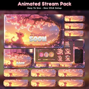 Pode incluir: Um pacote de stream animado com um tema de pôr do sol. O pacote inclui sobreposições animadas com um tema de dragão, incluindo telas "Starting Soon" e "Be Right Back", e caixas de chat. O texto "Animated Stream Pack" está no topo.