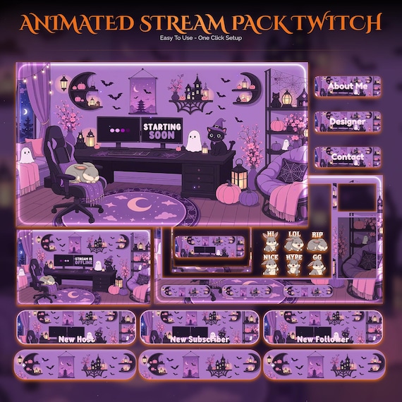 Animated Halloween Twitch Stream Overlay Pack — Bunny — animated seasonal stream overlay pack for Twitch, YouTube, Kick and TikTok, with Starting Soon, BRB and Ending screens, alerts and panels